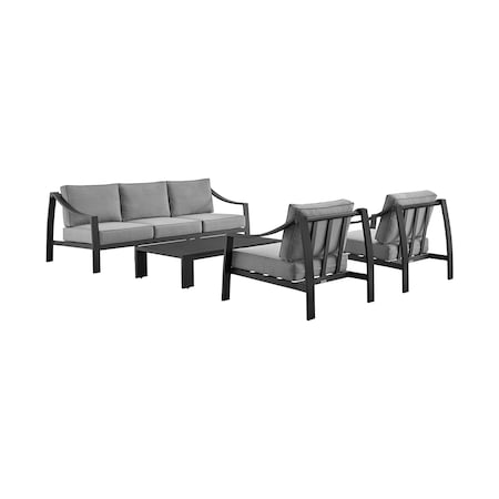 Armen Living Mongo 4 Piece Outdoor Patio Furniture Set in Black Aluminum with Gray Cushions 840254332423